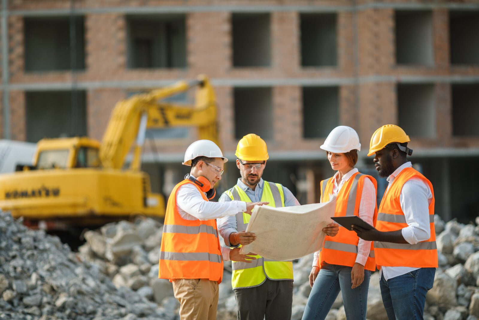 Team of construction workers in safety wear looking at site plans with construction site and excavator in the background