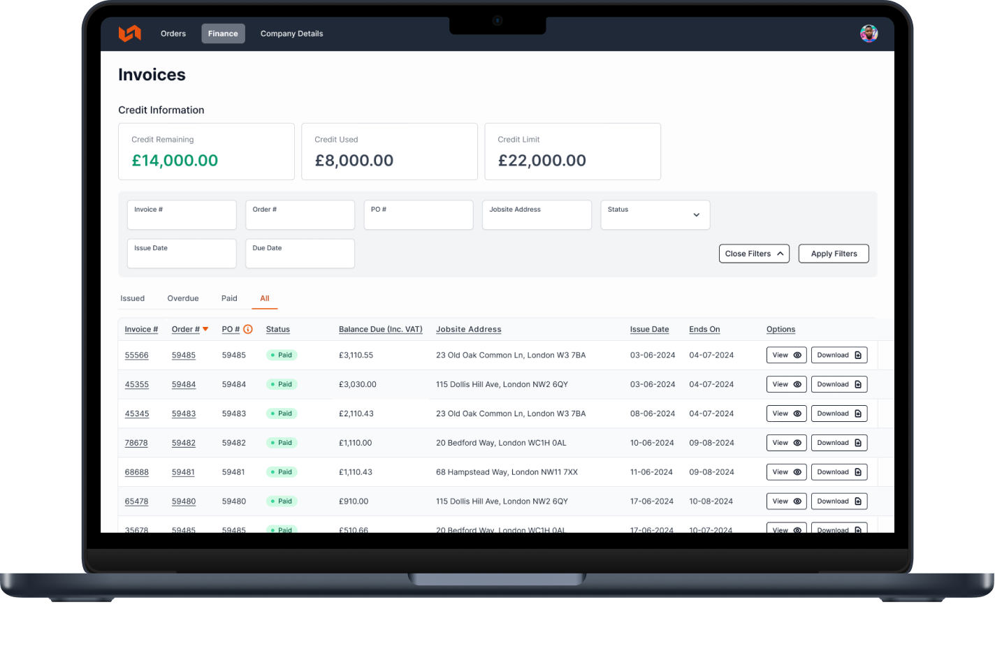 YardLink platform interface showcasing finance tab and list of invoices