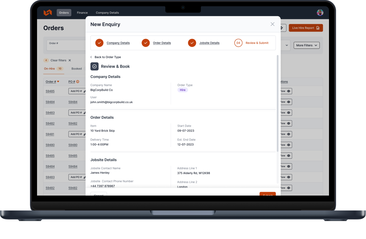 YardLink platform interface showcasing new enquiry pop up review & book