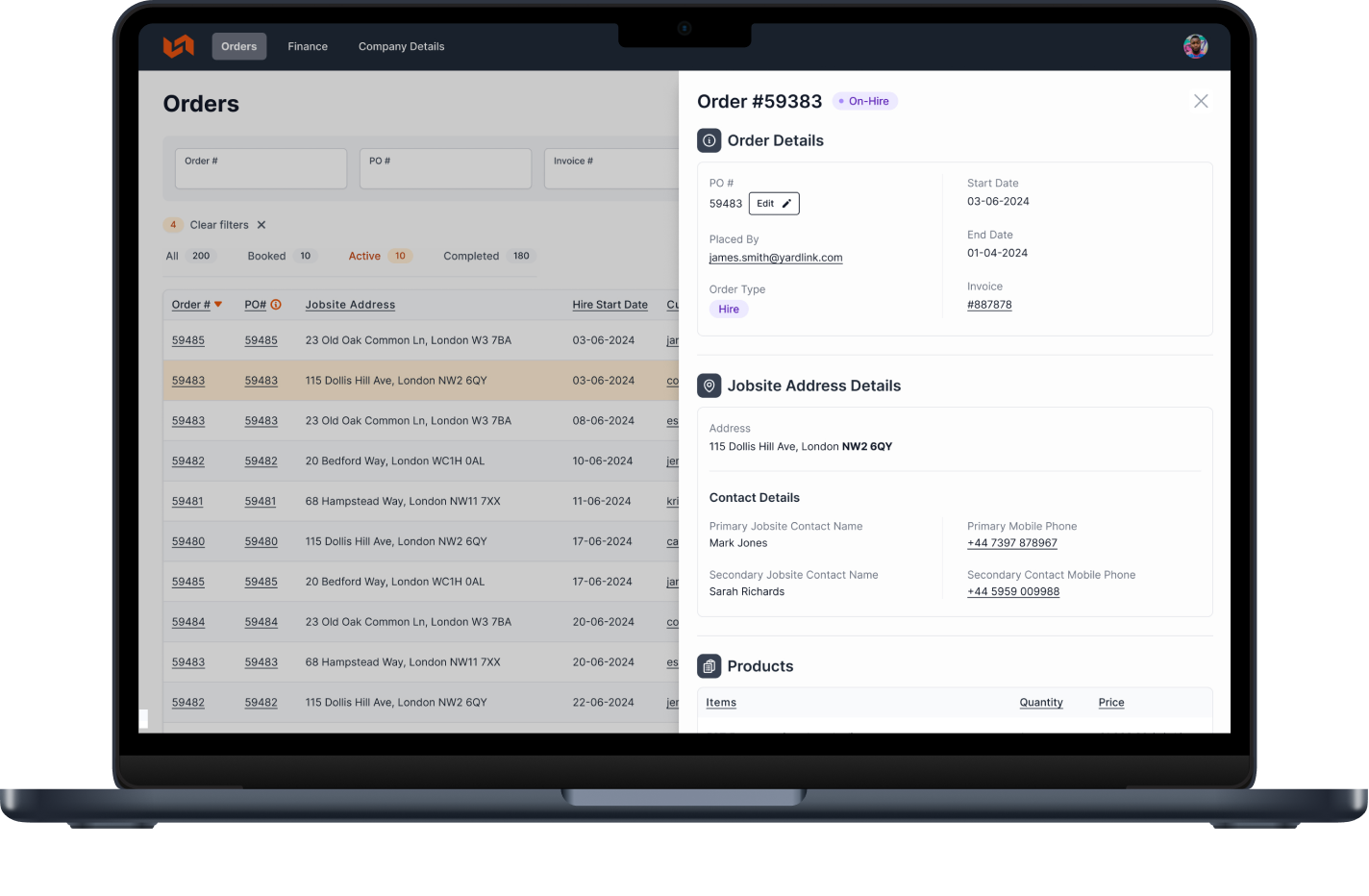 YardLink platform interface showcasing detailed order information