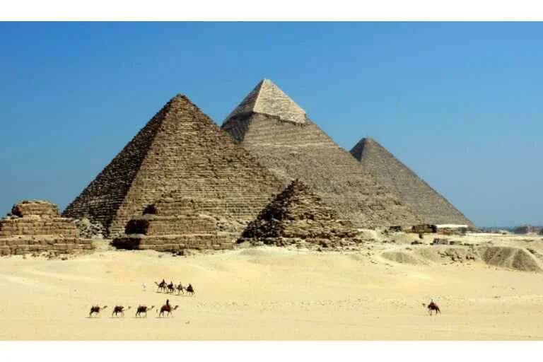 Pyramids in the desert with camels walking in front