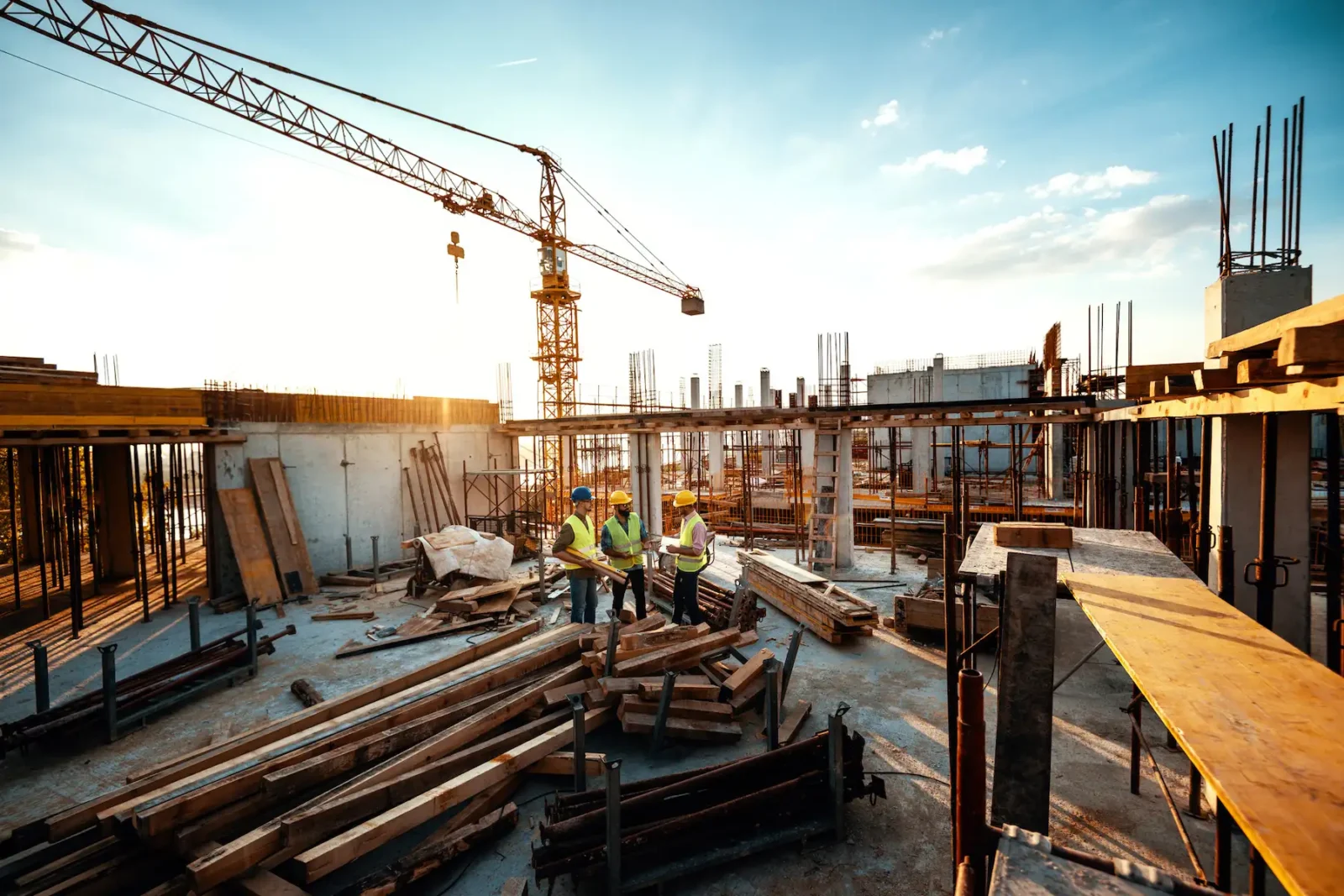 A construction site with team of workers in the middle and large crane in the background