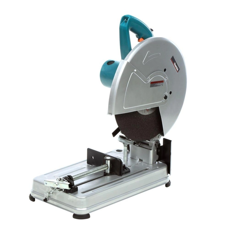 A grey chop saw with a blue handle