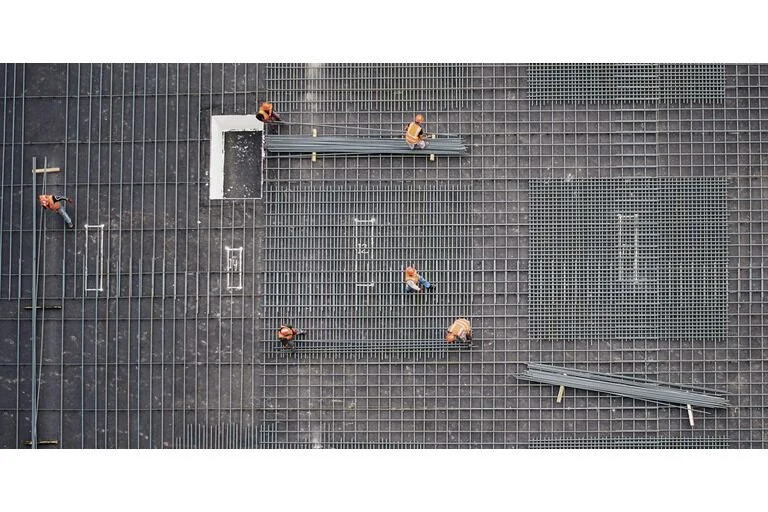 A birds eye view of construction workers